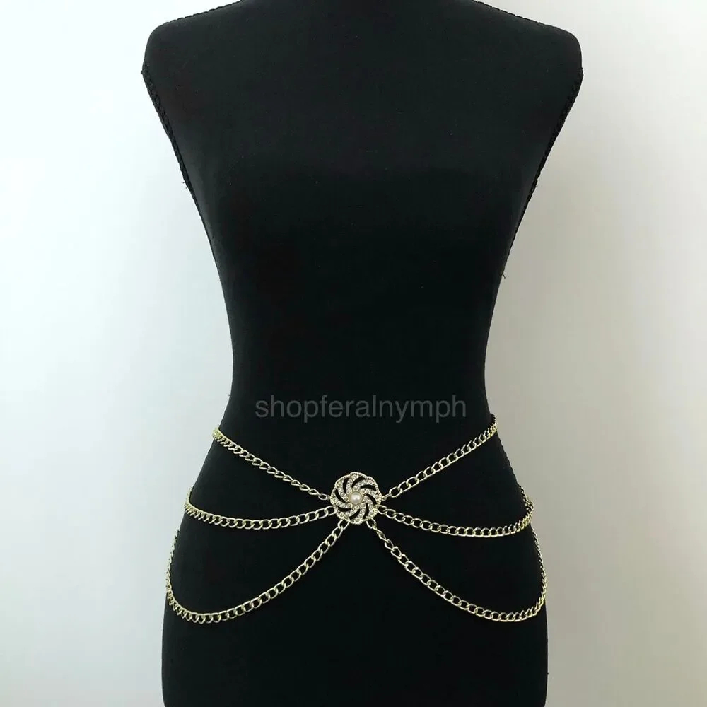 Coquette Gold Rhinestone Pearl Draped Chain Belt, Fits 28–41 Inches, X7GA1186